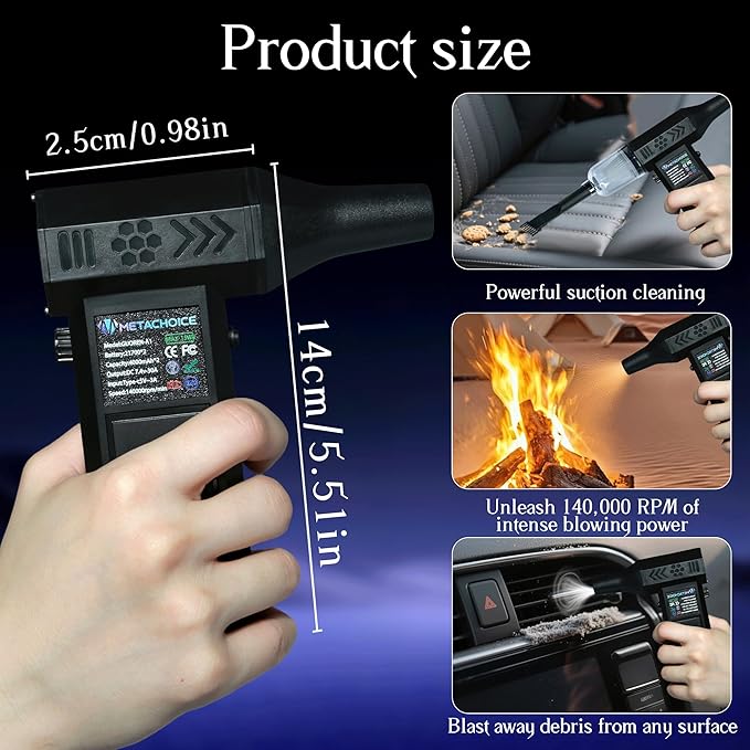 140000 RPM Compressed Air Duster and Vacuum 2-in-1, Electric Duster with LED Light, Stepless Speed, 8000mAh 21700 Battery, Keyboard Cleaner for PC Removal Outdoor Barbecue (Black)