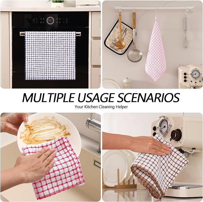Homaxy Kitchen Towels and Dishcloths Set, 16 x 25 and 12 x 12 Inches, Set of 8 Cotton Terry Kitchen Dish Towels, Super Soft and Absorbent Dish Cloths, Blue/Pink/Red/Brown