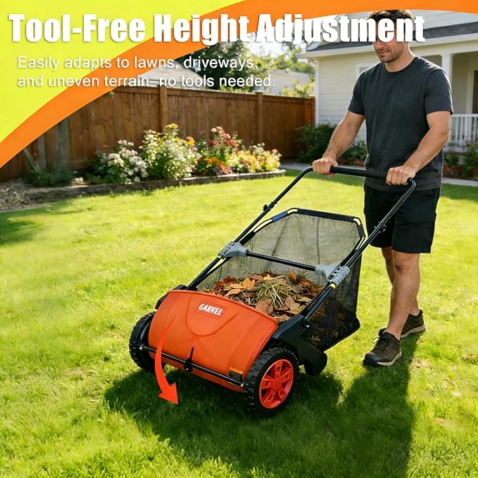 Manual Push Lawn Sweeper 21-Inch, Yard Leaf & Debris Collector with 3.5 Cu. Ft. Collection Bag, Adjustable Brush Height for Lawns & Driveways, Foldable Storage Design