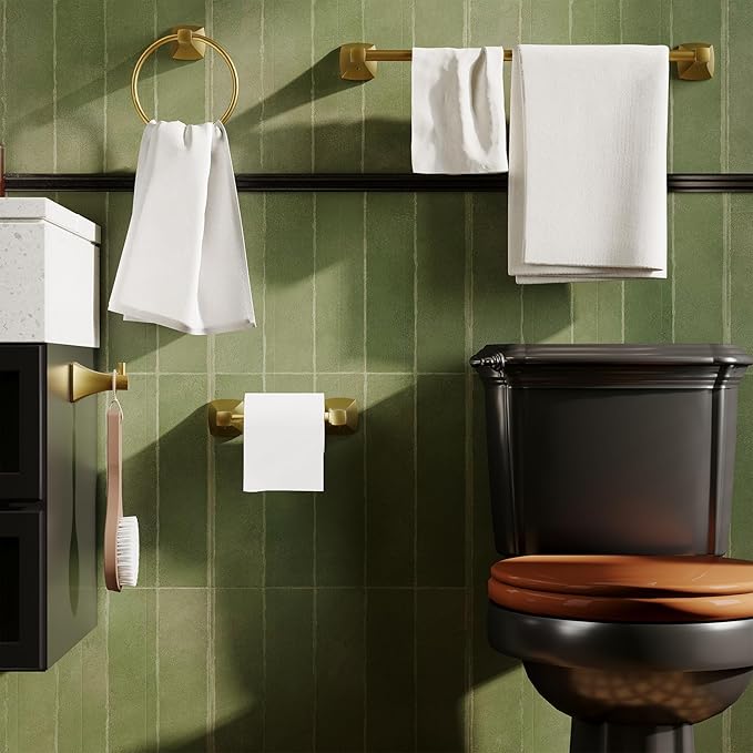 Toilet Paper Holder Wall Mount Brushed Gold Double Post Pivoting Tissue Roll Holder Stainless Steel and Zinc Alloy for Bathroom RV Commercial