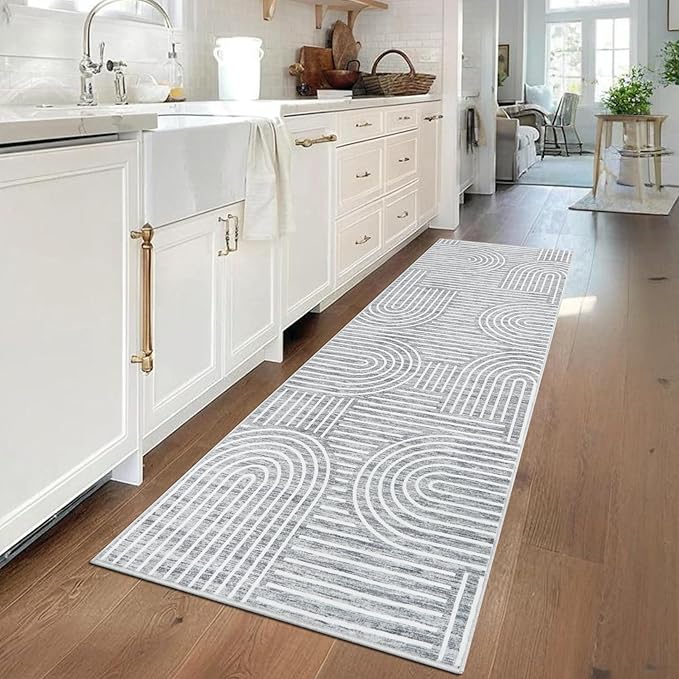 Modern Rug 2.5x10 Runners for Hallways, Abstract Kitchen Runner Rugs Non Slip Bath Mat, Rainbow Washable Runner Rug for Bedroom, Soft Long Rugs for Entryway Bathroom Laundry Dorm, Ash