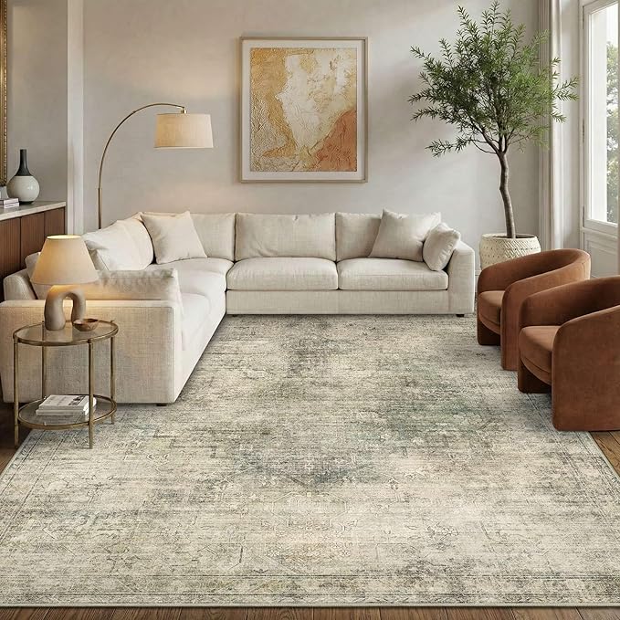 Vintage 8x10 Living Room Green Rugs, Washable Large Area Rugs for Bedroom, Dining Room, Kitchen, Non Slip Low Pile Soft Distressed Floor Carpets for Kids Nursery, Classroom, Farmhouse, Office