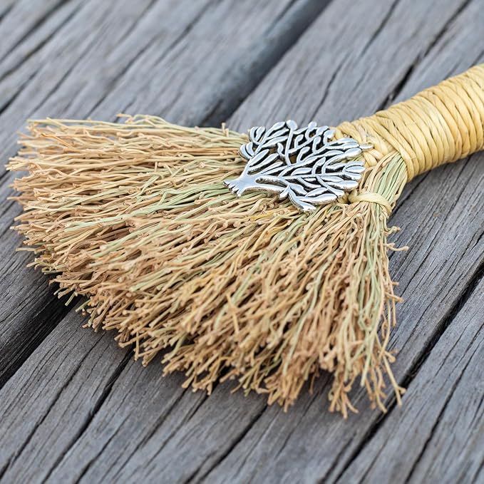 Witch Altar Mini Broom with Crystal and Tree of Life Decor - Wiccan Tools for Healing Energy Cleansing Altar Decoration (Yellow Crystal)