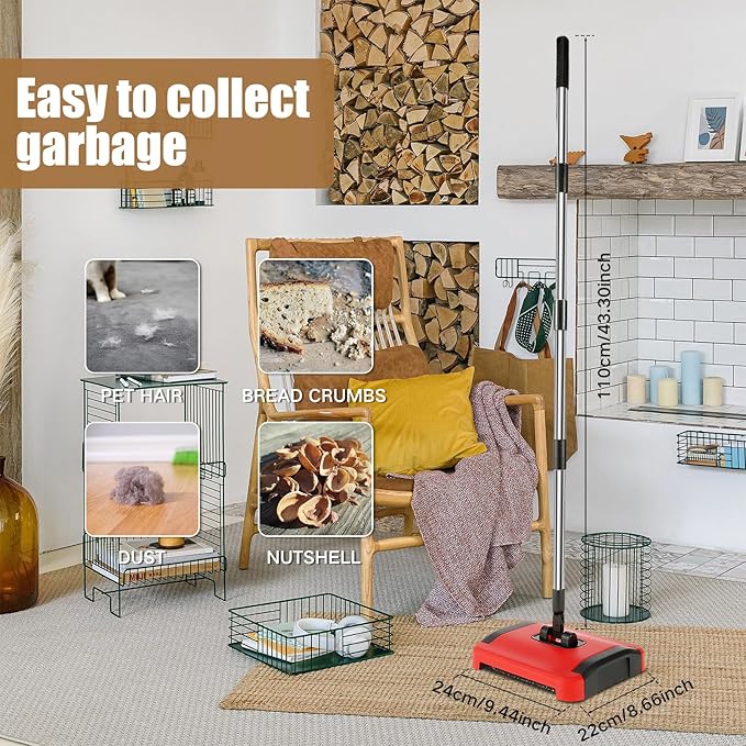 Carpet Floor Sweeper with Horsehair, Manual Carpet Sweeper Cleaner, Non-Electric Carpet Broom Sweeper Efficient Hand Push Carpet Sweeper Rug Roller Brush Push for Cleaning Pet Hair Loose Debris Lint