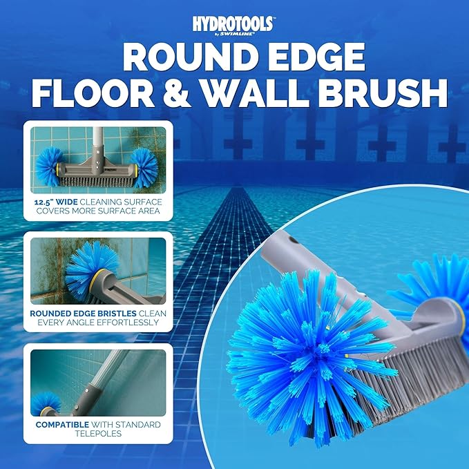 SWIMLINE HYDROTOOLS Pool Brush Head for Inground & Above Ground Pools | EZ Clip Compatible | 12.5-Inch Molded Brush with ROUND EDGE Bristles | Double Reinforced Neck for Wall, Floor & Steps