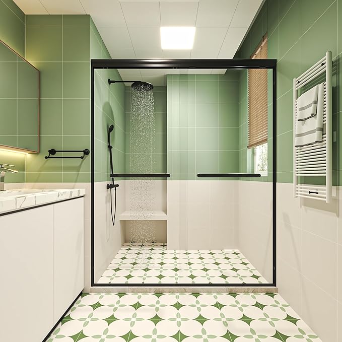 50-54x72 Inch Semi-Frameless Double Sliding Shower Door with Anti-Rust SGCC Steel Frame,1/4 Inch (6mm) Clear Tempered Glass for Walk-in Shower,Black