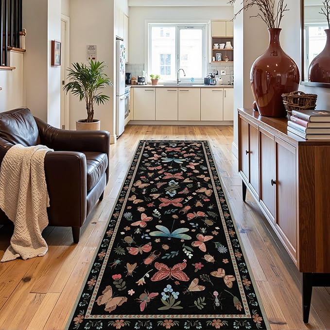 2x6 Floral Runner Rug, Washable Runners for Hallways, Black Vintage Boho Kitchen Rugs, Non Slip Hallway Runner Carpet for Indoor Hallway, Kitchen, Laundry Room and Bathroom(Black 2x6ft)