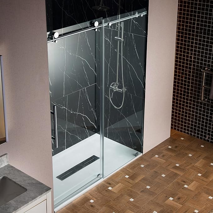 Woodbridge Frameless Single Sliding Shower Doors in Polished Chrome Finish, 45.5-48" Width x 76" Height with 3/8"(10mm) Clear Tempered Glass, Soft Close System and Explosion-Proof Film, BSDC4876-C