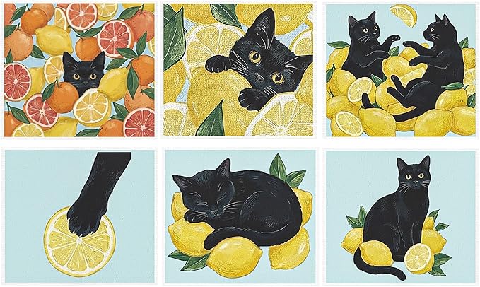 Swedish Dishcloths for Kitchen, 6 Pack Lemon and Balck Cat Reusable Dish Paper Hand Towels Housewarming Gifts, Summer Absorbent Dish Rags for Home Cooking Cleaning