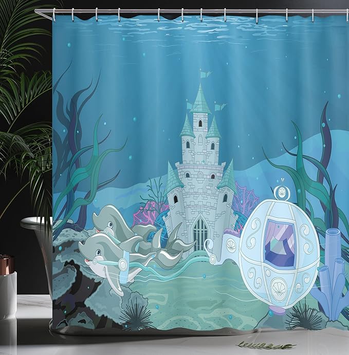 Ambesonne Ocean Shower Curtain, Mermaid Castle with Dolphins Moss Fish Sun Beams Art Print, Cloth Fabric Bathroom Decor Set with Hooks, 69" W x 75" L, Turquoise Teal