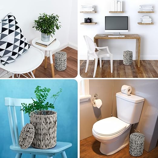 Ctosree 1.3 Gallons Small Trash Can with Lid Handle Boho Woven Braided Bathroom Waste Basket Trash Can with 100 Garbage Bags for Bedroom Office Laundry(Grey,Braided Polypropylene,Round)