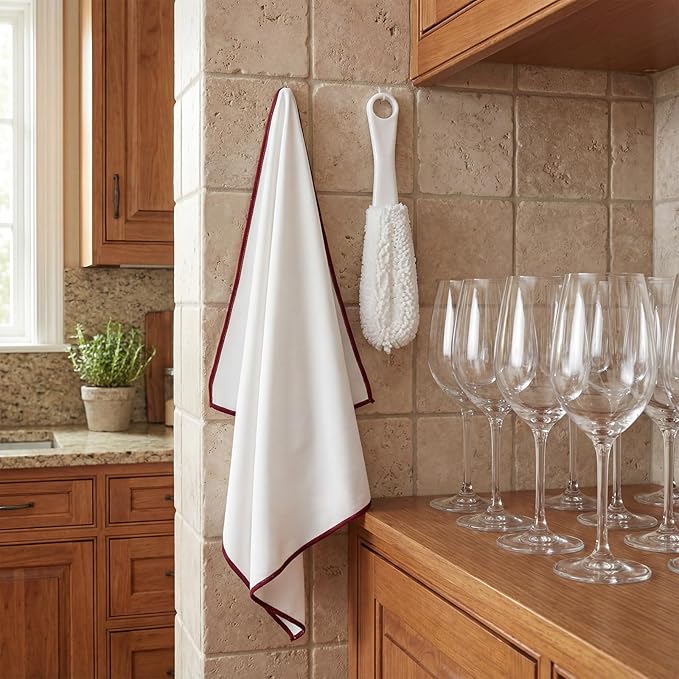 3 Pcs Wine Glass Cleaner Set Large Microfiber Polishing Cloths Wine Glass Cleaning Brush Lint-Free Drying Towels for Stemware Glassware Bar Restaurant Kitchen Supplies(White)