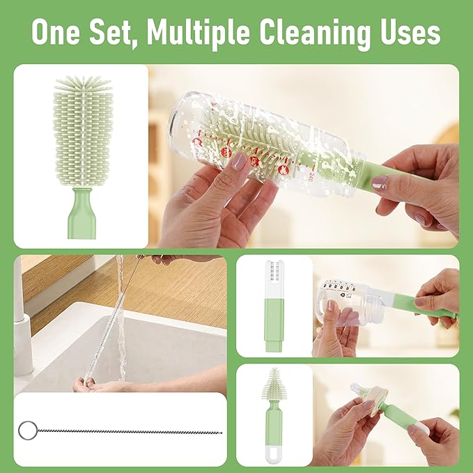 Baby Bottle Brush Set with Drying Rack, Portable Silicone Bottle Cleaner Kit for Bottles, Nipples and Straws, Travel Storage Box for Home and On-The-Go Use（Green）