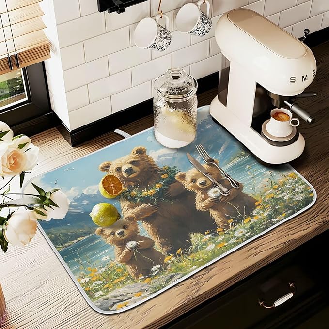 Three Bear Dish Drying Mat for Kitchen Ccounter Absorbent Microfiber Small Drying Pad Dandelion Wildflowers Dish Mats for Kitchen Countertops 16 x 18 Inch
