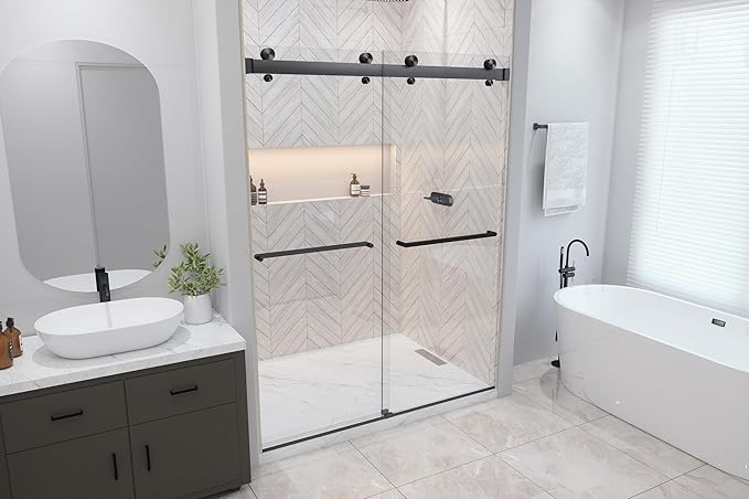 Twinglide VITRA-200 Frameless Shower Door 56.5-59" Width x 78" Height with 3/8" (10mm) Clear Tempered Glass (Matte Black Double Towel Bars)