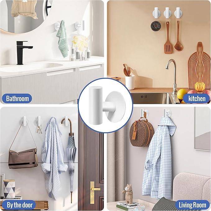 Adhesive Towel Hooks, Chrome SUS 304 Stainless Steel Heavy Duty Waterproof Wall Hooks, Self Adhesive Coat Robe Hooks for Bathrooms Kitchen Wall Mounted (White, 4 Pcs)