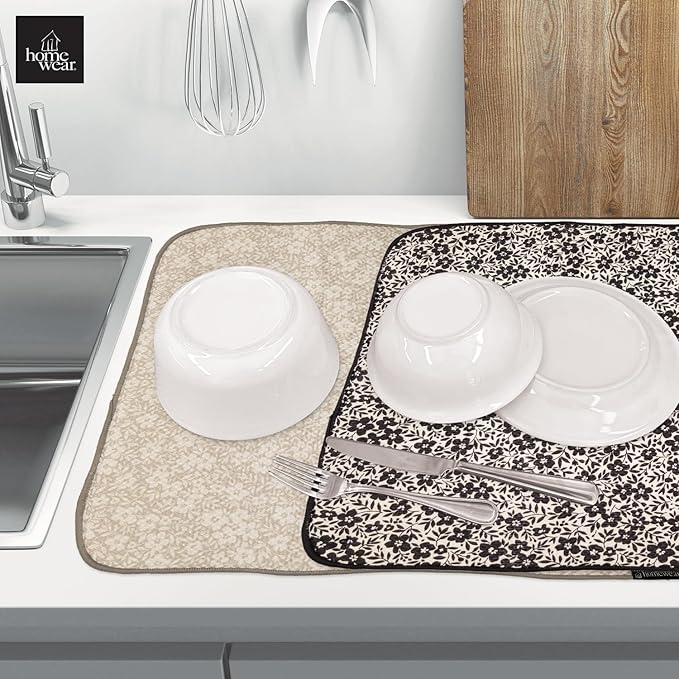 2 Pack Printed Dish Drying Mats for Kitchen, Super Absorbent Polyester, 15 x 20 inches, Countertop Sink, Machine Washable, Ditsy Floral