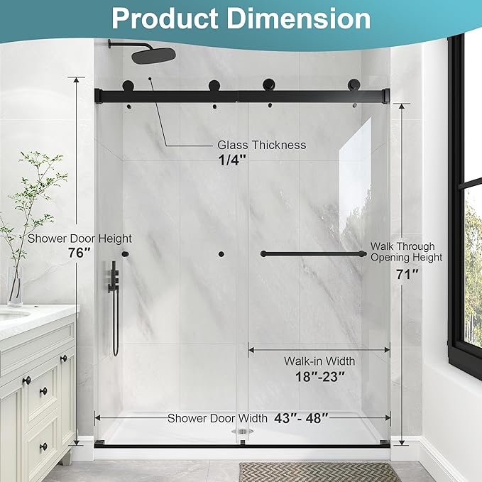 KPUY Frameless Shower Door, 43-48" W x 76" H Double Sliding Glass Shower Door, 1/4" (6mm) Thick Tempered Clear Glass with Explosion-Proof Film Nano Coating, Matte Black