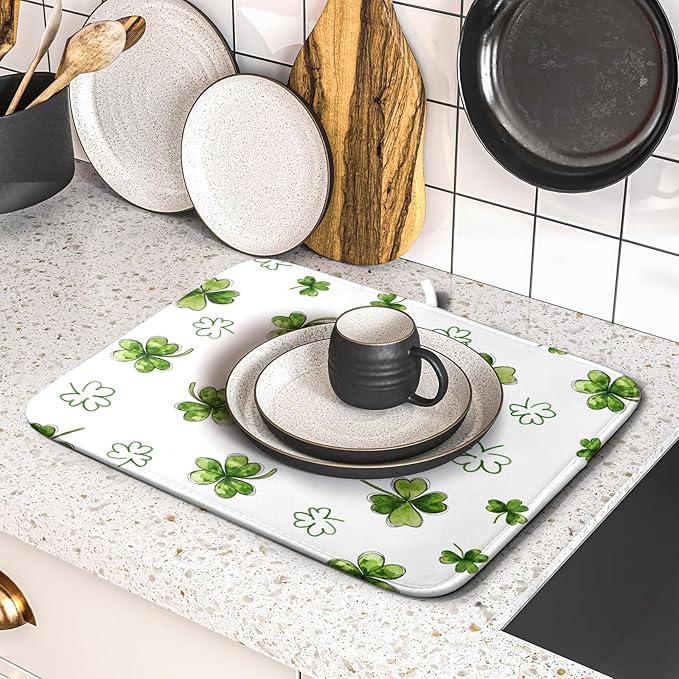 St Patricks Day Dish Drying Mat for Kitchen Counter Cute Shamrocks Holiday Microfiber Absorbent Dish Draining Reusable Washable Foldable 16"x18"