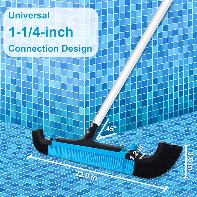 Poolvio 22" Extra-Wide Pool Brush Head, Heavy-Duty Pool Scrubber Brush with Detachable Corner Brush & Strong Nylon Bristles for Walls & Floors in Above-Ground and Inground Pools (Blue)