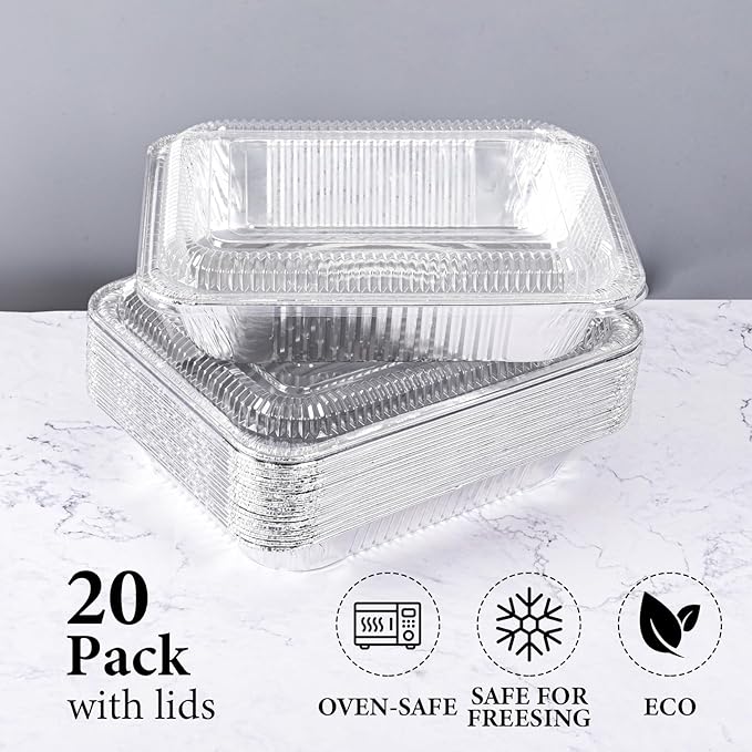 9x13 Inch Disposable Aluminum Foil Pans with Clear Lids(20 Pack)Half Size Tin Foil Pans,Disposable Food Containers Baking Pans For Cooking, Meal Prep, Roasting, Chafing, Heating, Steam Table