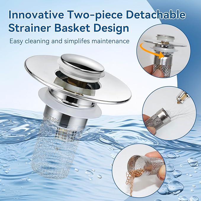 Universal Bathroom Sink Stopper & Hair Catcher, Stainless Steel Drain Filter Strainer, Anti-Clog Pop Up Drain Stopper for US Standard Bathroom Sinks (1PCS)