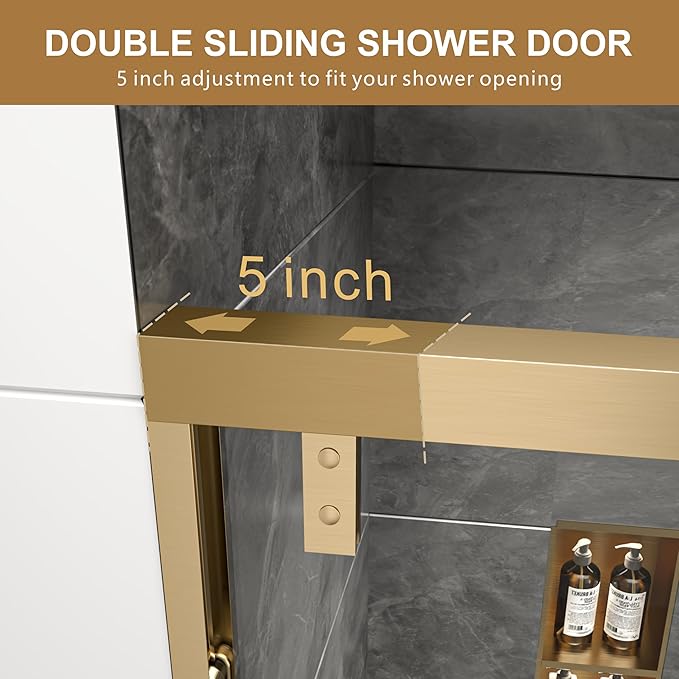 RFN 50-54" W x 76" H Framed Bypass Double Sliding Shower Door, 1/4" (6 mm) Easy-to-Clean Treated Clear Tempered SGCC Glass,Bathroom Door(Brushed Gold, 50-54" W*76" H)