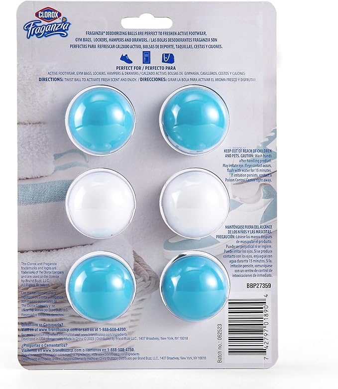Clorox Fraganzia Deodorizing Balls for Shoes & Small Spaces, Battery-Free No-Plug Air Freshener Pods, Twist-to-Activate Odor Refresher for Gym Bags, Lockers & Drawers, Fresh Ocean Breeze, 6 Count