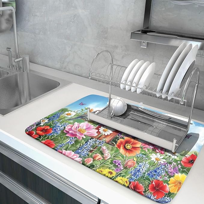Khope Spring Floral Birds Dish Drying Mat for Kitchen Counter 18x24 Inch Colorful Butterfly Flowers Reusable Washable Farmhouse Flower Drying Pad Countertop Home Decor