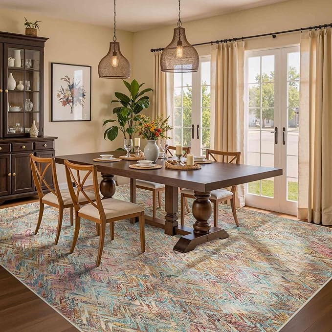 Floral Rug for Living Room Bedroom, 6x9 Washable Rug, Vintage Boho Style, Large Non Slip & Low Pile Wool Carpet for Indoor Dining Room, Girls Room, Nursery Room and Kids Room(Multi 6x9ft)