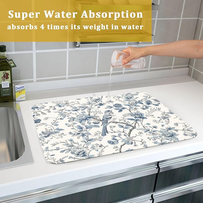 Chinoiserie Trees Dish Drying Mat for Kitchen Counter,Bule Bird Flowers Drying Mat 18 x 24 Inch with Absorbent Reversible Microfiber Drying Pad for Coffee Bar