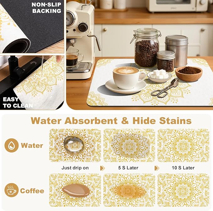 Yamaziot Boho Coffee Mat 12"x20", Floral Dish Drying Mat for Kitchen Counter, Non Slip Coffee Bar Accessories Espresso Machine Dish Rack