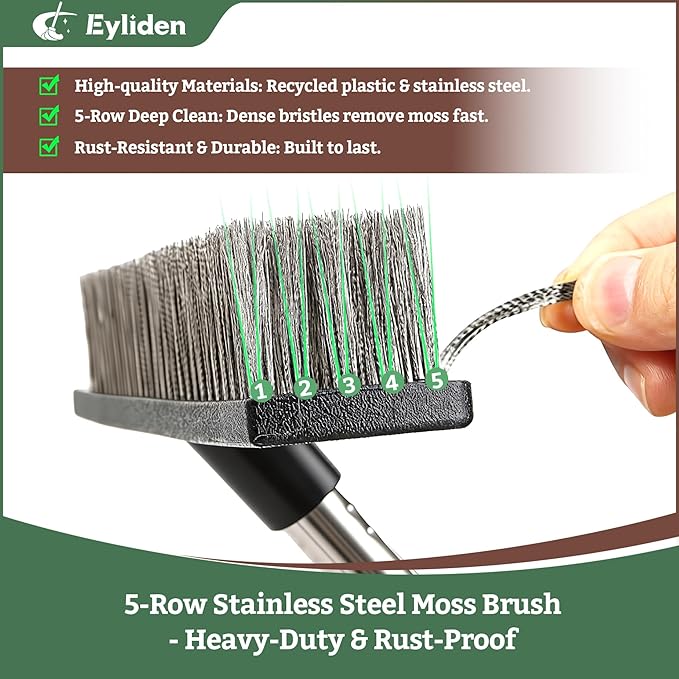 Eyliden Push Broom, Heavy Duty Moss Wire Scrub Brush with Stainless Steel Bristles, 65" Long Handle for Deck, Concrete, Patio Outdoor Cleaning