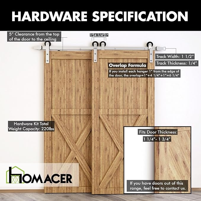 Homacer Brushed Nickel Single Track Bypass Sliding Barn Door Hardware Kit, for Four Doors, 18ft Long Flat Track, StraightDesign Roller, (2 Flat+ 2 Bent Roller Set)