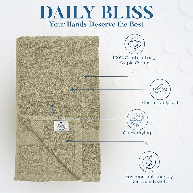 DAN RIVER 6-Pack Premium Hand Towels (16x28 Inches) - 100% Cotton, Ultra Soft, Lightweight, Highly Absorbent Towels for Bathroom, Spa, Gym, Salon, Hotel, and Travel - Beige