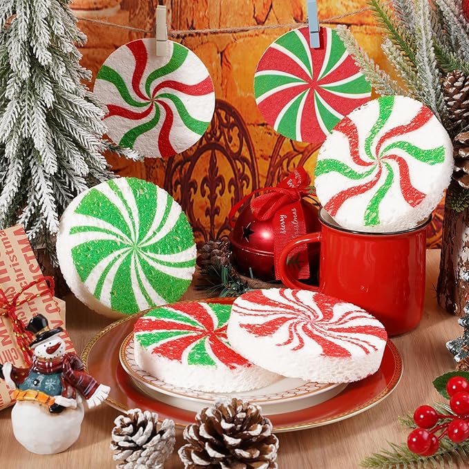 Whaline 8Pcs Christmas Candy Kitchen Sponges Red Green Xmas Candy Water Absorbing Dish Washing Sponge Non Scratch Cleaning Scrub Sponges for Dish Pots Pans Dishwashing Holiday Home Kitchen Bathroom