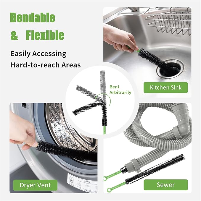 3 Pcs Upgraded Cleaning Brush Kit - Flexible Sewer Drain Brush, Long Pipe Cleaner, Crevice Cleaning Tool with Tweezers, Durable Hard Bristles, Ideal Scrubber for Kitchen, Bathroom, Toilet, Vents