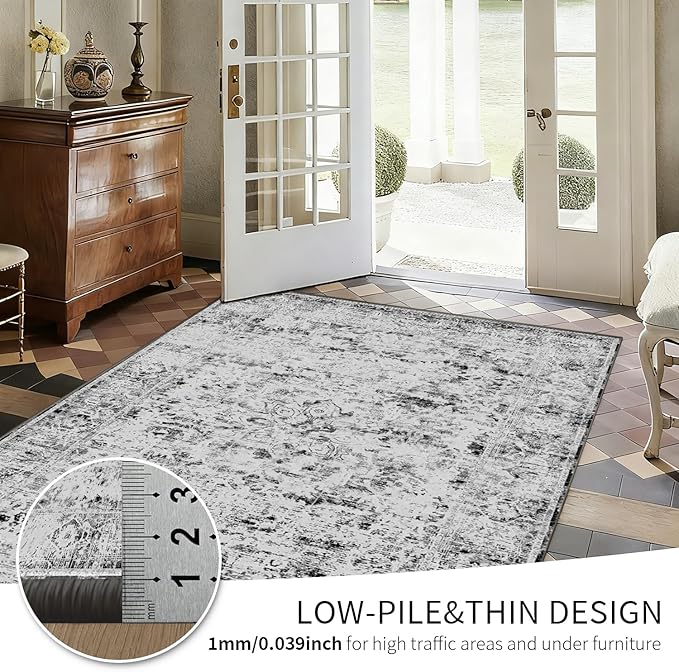 8x10 Large Area Rugs for Living Room, Vintage Grey Rugs for Bedroom,Washable Boho Indoor Soft Non Slip Carpet for Dining Room, Low Pile Rugs for Office,Farmhouse