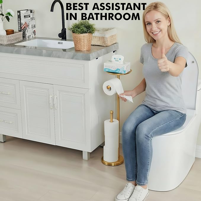 Freestanding Toilet Paper Holder with Shelf, Gold Toilet Paper Stand with Storage Tray and Space for 4 Extra Rolls