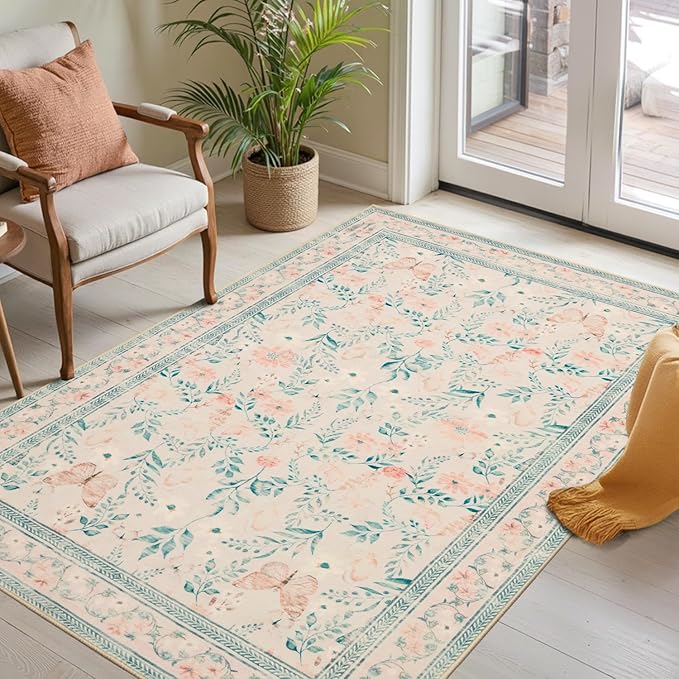 Floral Entryway Rug, 3x5 Washable Area Rug,Pink Boho Throw Rugs for Bedroom, Non Slip Low Pile Small Carpet, Girls Kids Room and Nursery Room