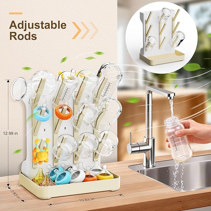 Superior Vertical Baby Bottle Drying Rack with 4-Pack Brush Set: Space-Saving Countertop Drying Rack - BPA-Free Baby Accessories Storage Stand Organizing Brushes & Pacifiers - Warm Beige