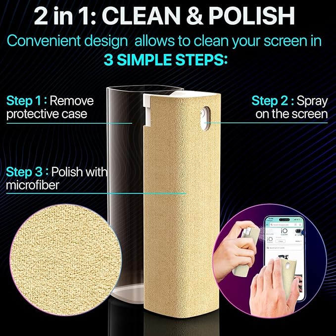 Mini Screen Cleaner Spray – Finger Proof Screen Cleaner for Smartphones, iPads, MacBooks, Laptops, Car Screens, Touchscreens – 3in1 Mist Cleaner, Microfiber Cloth and Protective Cover (Red)