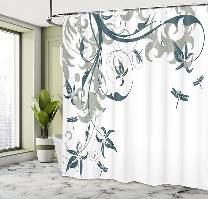 Ambesonne Dragonfly Shower Curtain, Swirled Floral Background Damask Curl Branches and Leaves Print, Cloth Fabric Bathroom Decor Set with Hooks, 69" W x 75" L, Dark Emerald