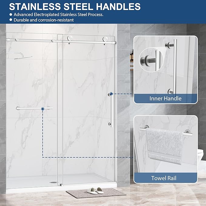 Frameless Shower Door,5/16" (8mm) Glass Sliding Shower Door with Soft-Close & Anti-Leak,Nano Coating Anti-Explosion Film SGCC Tempered Glass 49"-54" X 76"H,Brushed Nickel