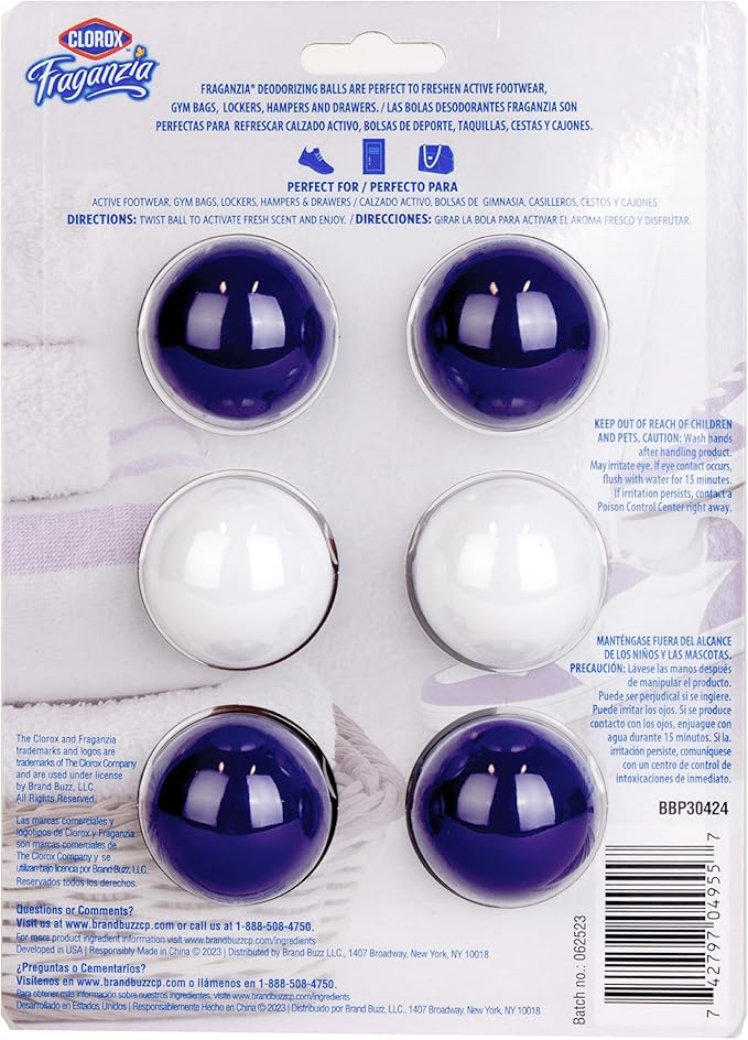 Clorox Fraganzia Deodorizing Balls with Lavender and Eucalyptus Scent, Shoe and Bag Odor Eliminator Balls for Shoes Lockers and Gym Bags with Long Lasting Freshness, 6 Count