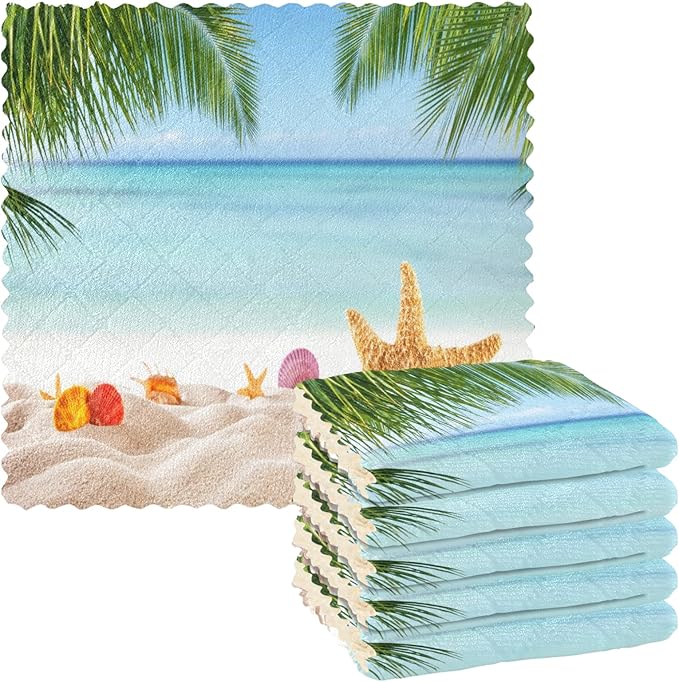 ALAZA Dish Towels Kitchen Cleaning Cloths Palm Leaf Starfish Summer Beach Dish Cloths Super Absorbent Kitchen Towels Lint Free Bar Tea Soft Towel Kitc