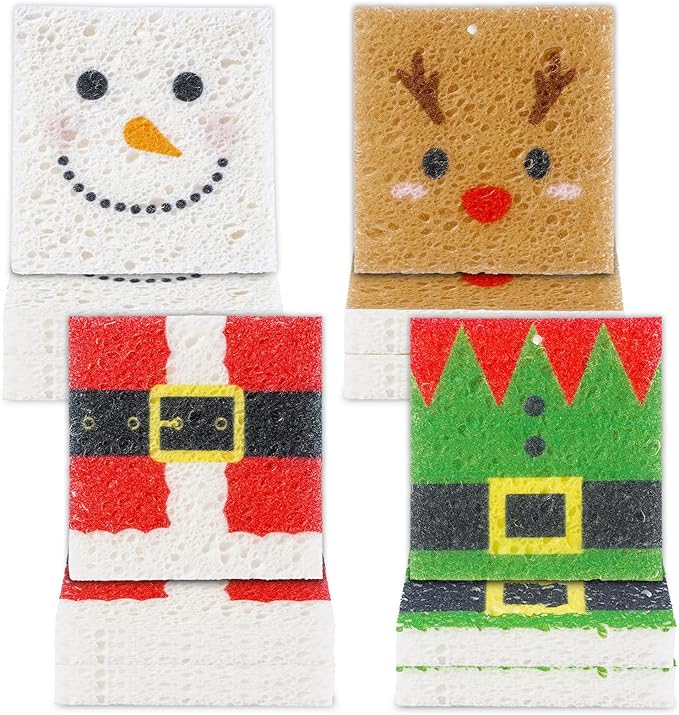 Whaline 8Pcs Christmas Character Kitchen Sponges Santa Reindeer Snowman Elf Water Absorbing Dish Washing Sponge Non Scratch Cleaning Scrub Sponges for Holiday Home Kitchen Bathroom