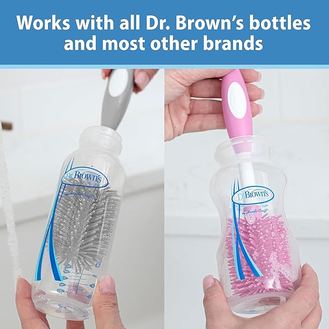 Dr. Brown's Soft Touch No Scratch Baby Bottle Cleaning Brush Nipple Cleaner with Stand and Storage Clip, BPA Free, Pink 2-Pack