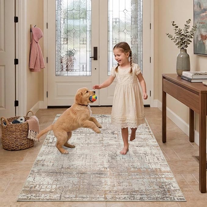 3x5 Washable Entryway Rug, Non Slip Boho Runner Rugs for Hallway, Entrance, Kitchen, Bathroom, Laundry Room, Soft Entryway Carpet, Throw Low Pile Retro Imitation Wool Carpet, Beige Grey