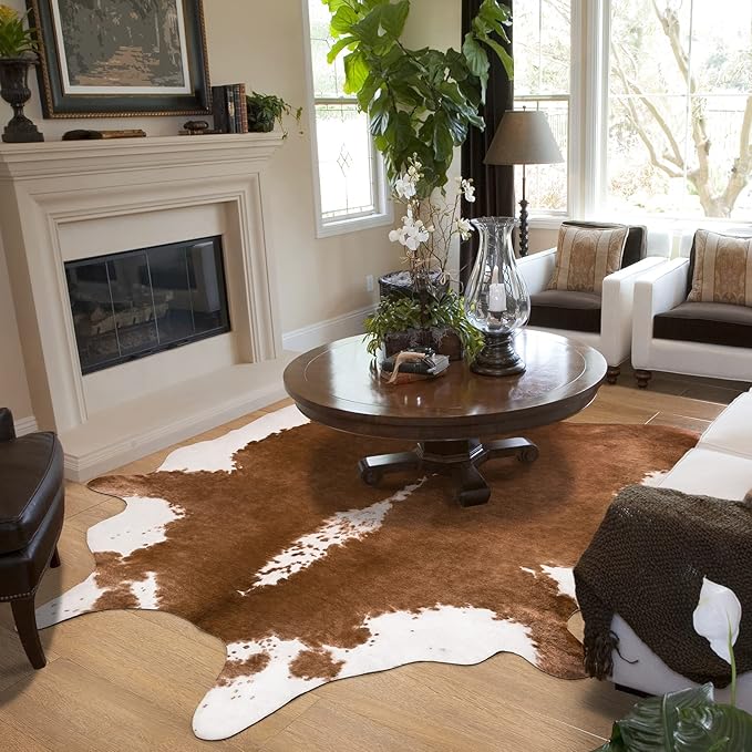 Amearea Faux Cow Hide Rug, Vintage Western Home Decor Cow Print Rugs for Living Room, Faux Leather Animal Cowhide Carpet for Bedroom, Dining Traditional Cow Print Stuff Carpets, Khaki 6.2x5.2 Feet